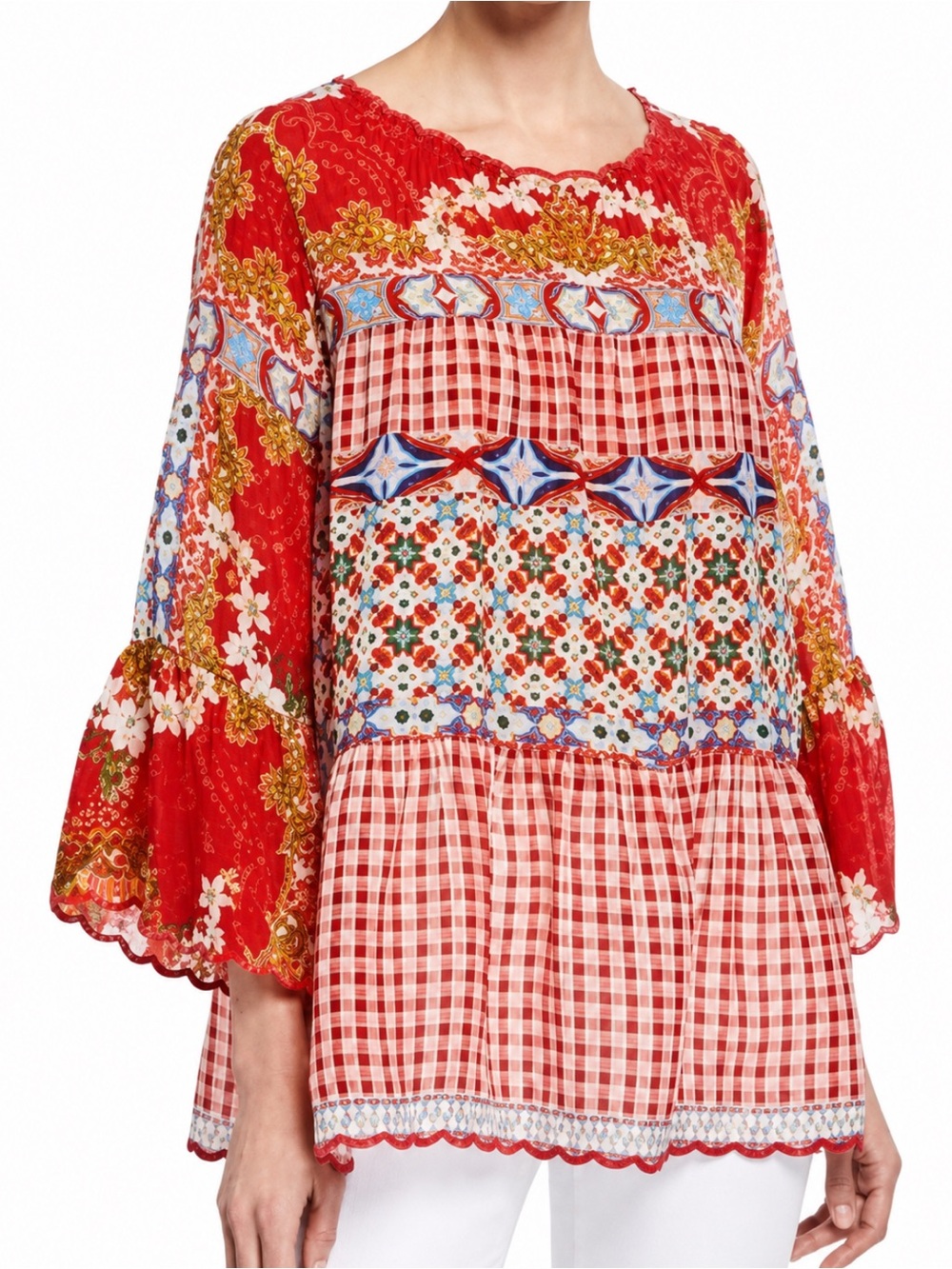 Johnny Was Red Multicolor Art To Wear Boho Georgette Pintuck Oversized Blouse